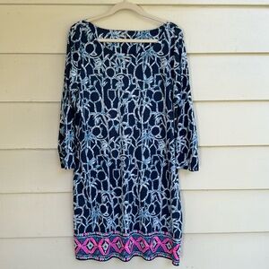 Lilly Pulitzer Blue Pink Hollee High Tide Lucky Bamboo XL Cotton Dress